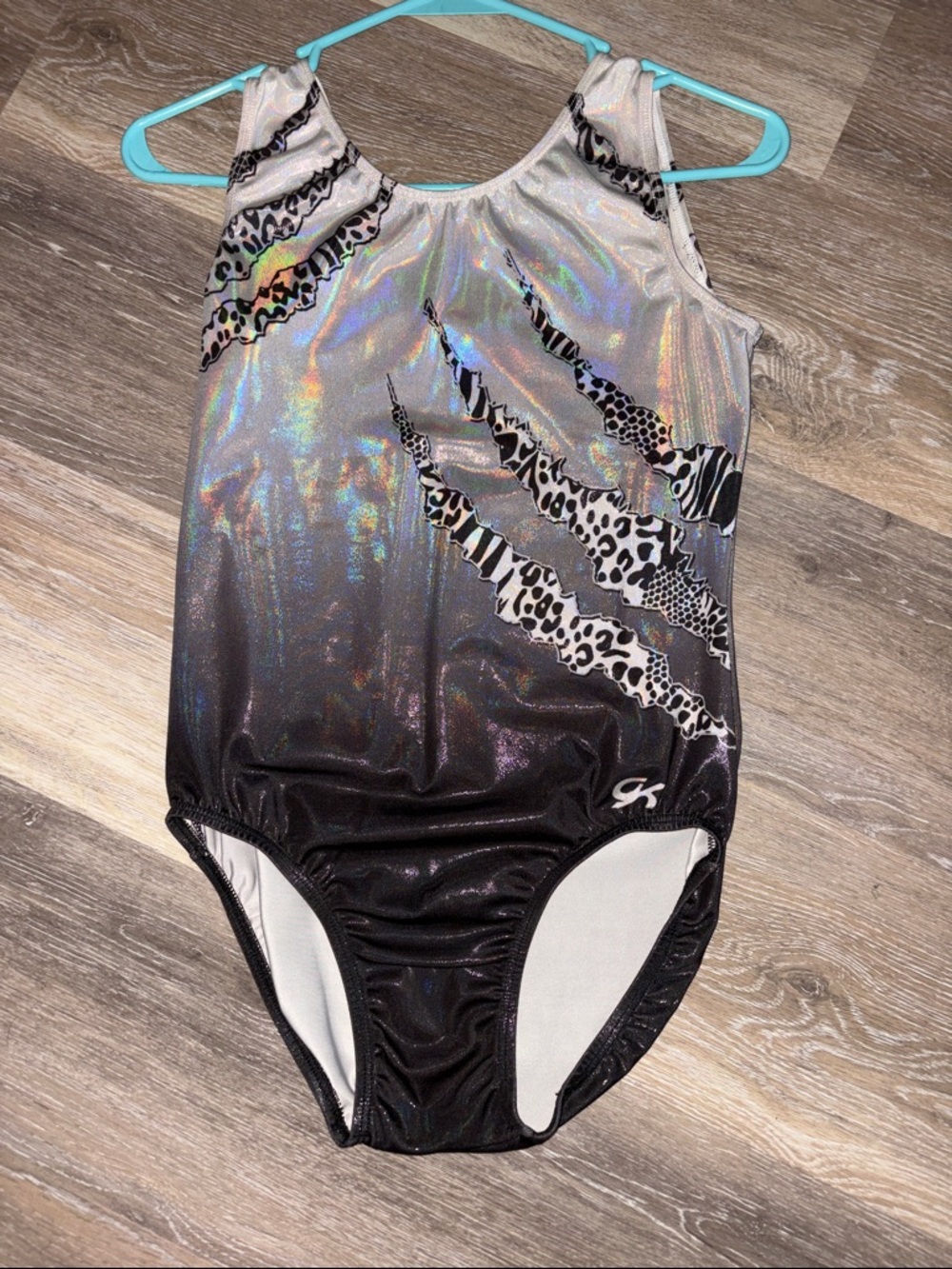 GK Holographic Black and Silver Leopard Claw Gymnastics Leotard